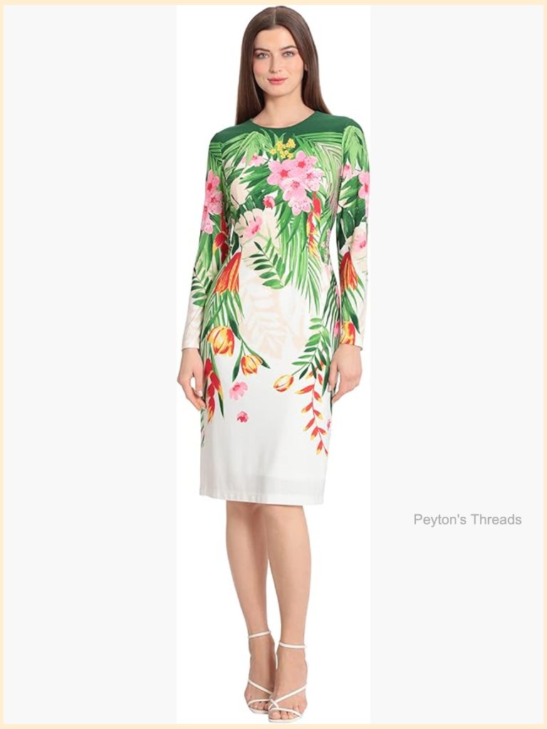 Long Sleeve Floral Printed Sheath Dress Jewel Neck Zipper Back